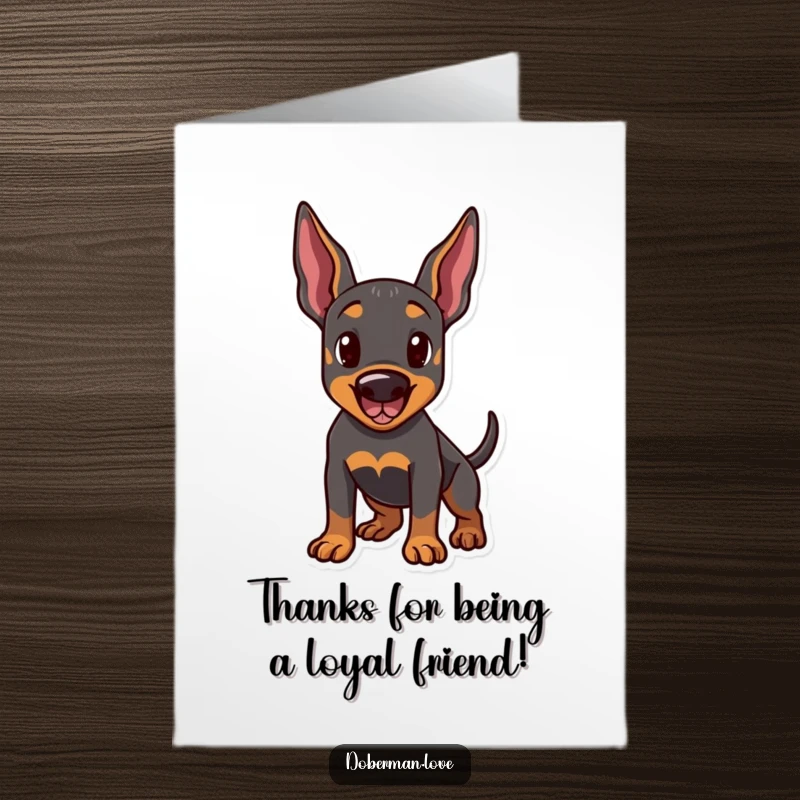 Funny Free Printable Thank You Card: A happy Doberman stands ready, ears perked and tail wagging, expressing thanks.