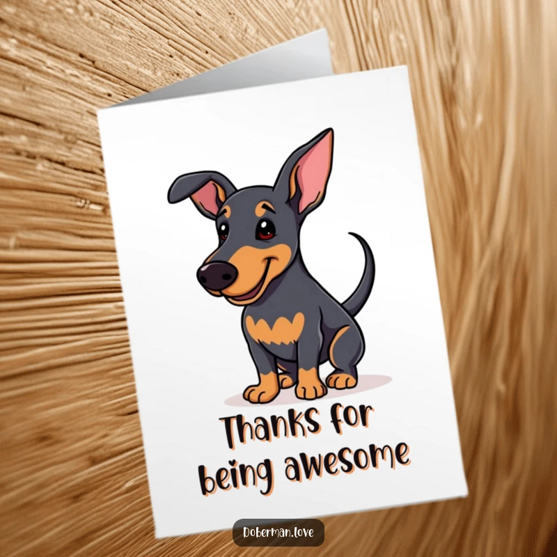 Funny Free Printable Thank You Card featuring a smiling Doberman with a vigorously wagging tail, conveying thanks.