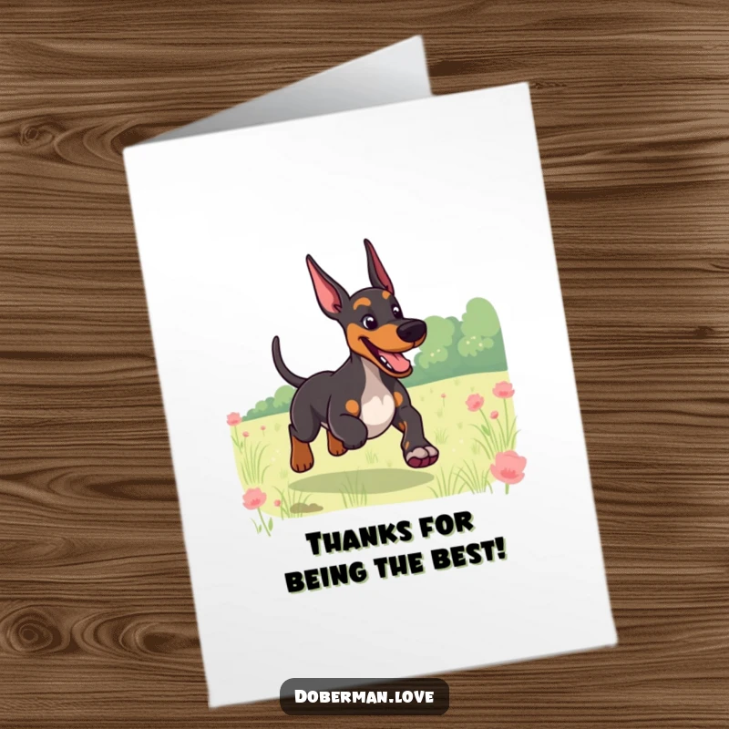 Funny Free Printable Thank You Card: A Doberman giggling with a wagging tail runs through a field, a happy thank you.