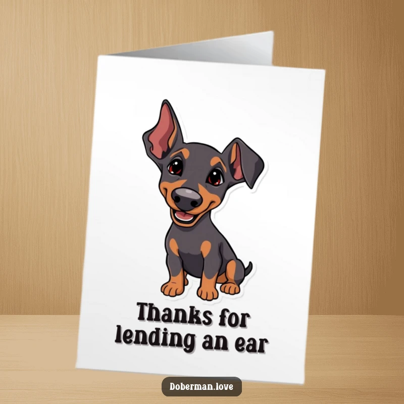 Funny Free Printable Thank You Card featuring a Doberman with perked ears, listening with a happy, tilted head.
