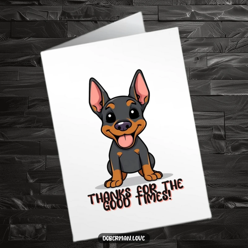 Funny Free Printable Thank You Card: A Doberman with tongue out, exuding happiness and thanks.