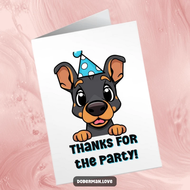 Funny Free Printable Thank You Card: Cute Kawaii Doberman in a party hat, looking surprised and thankful for your kindness