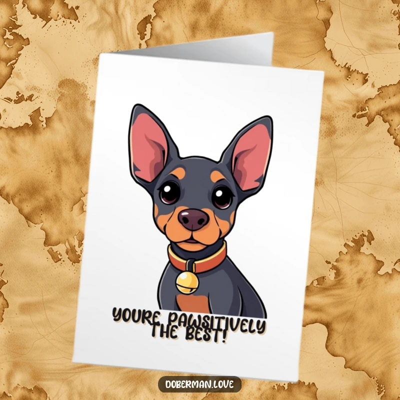 Funny Free Printable Thank You Card: Kawaii Doberman with bell collar, curious look, cute dog art.