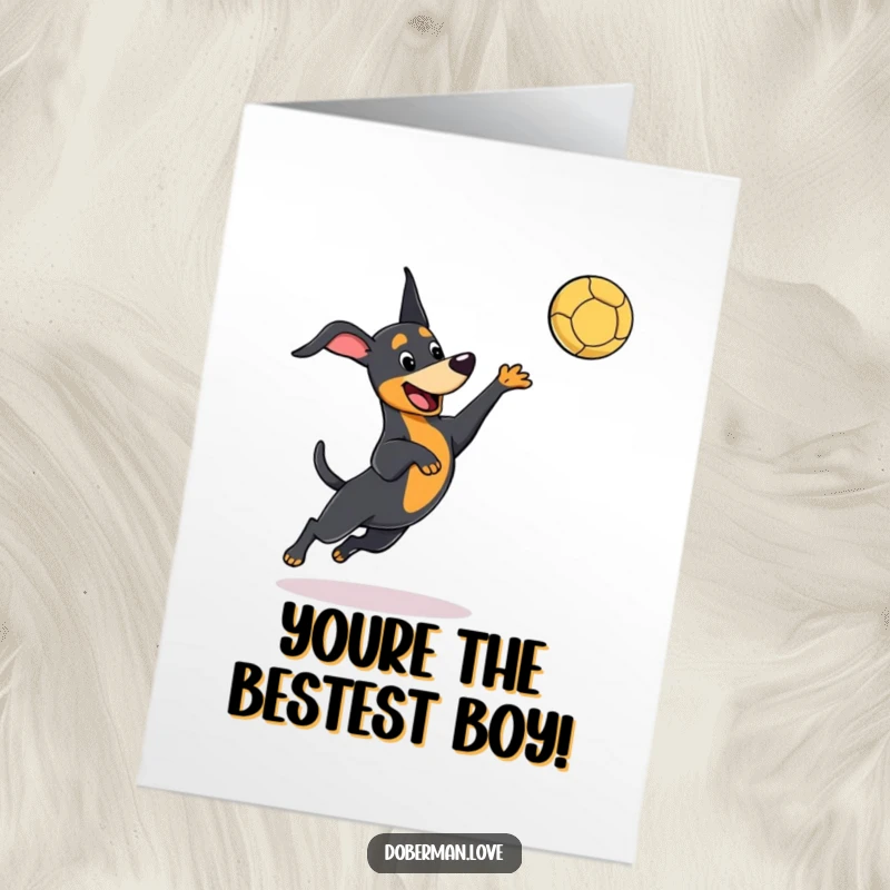 Funny Free Printable Thank You Card of a kawaii doberman leaping with joy to catch a thrown ball, ready for fun.