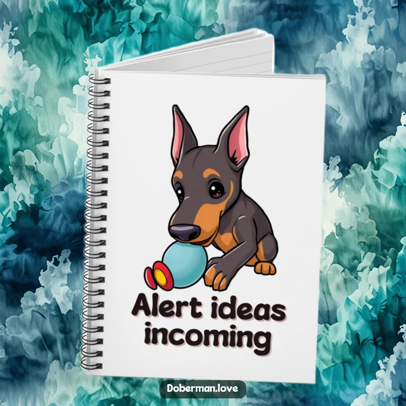 Funny Doberman Notebook showing a kawaii doberman puppy with alert ears, playfully nudging a toy, perfect for notes.