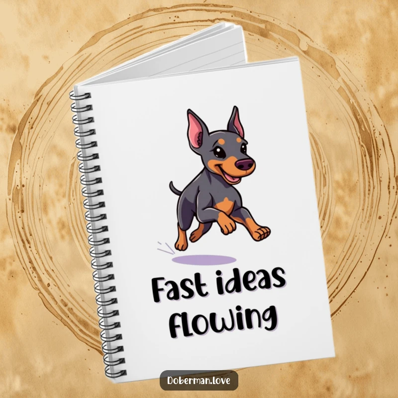 Funny little Doberman notebook featuring a dog with a sleek coat running with speed, ideal for jotting notes quickly and humorously.