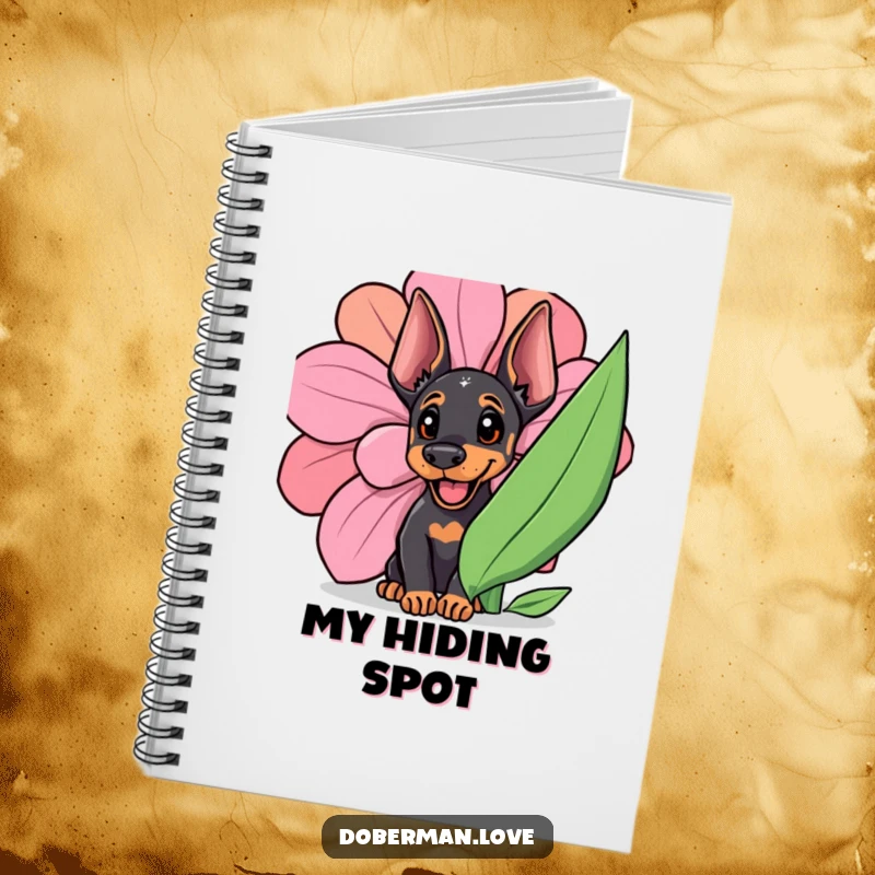 Funny Doberman cub peeking from a giant flower, inspiring creativity on this cute notebook cover.