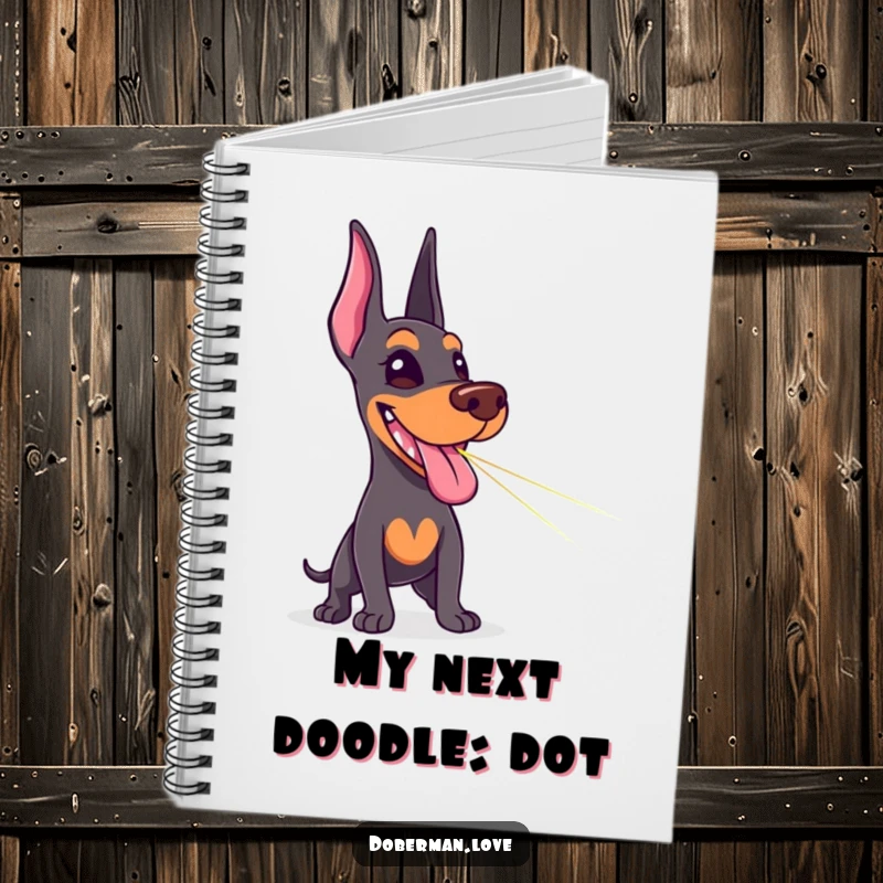 Funny Doberman notebook showing a delighted dog tongue out, chasing a laser pointer dot, ideal for jotting down fun ideas.