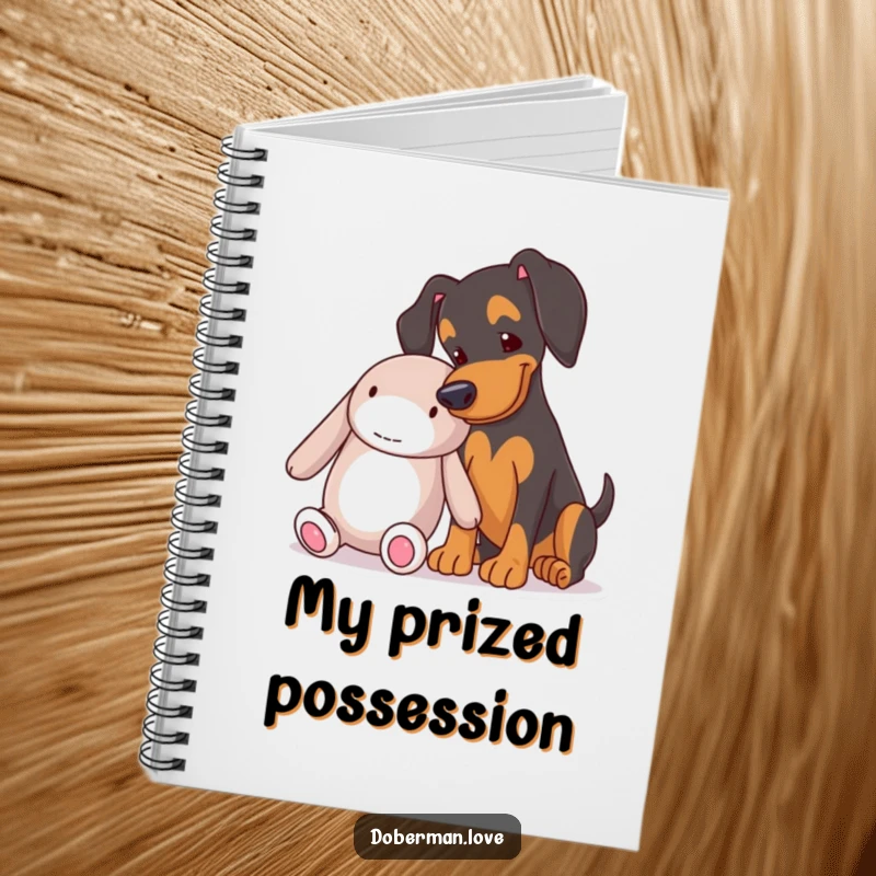Funny Doberman nudging a soft toy on a notebook cover, perfect for jotting down funny thoughts and ideas.