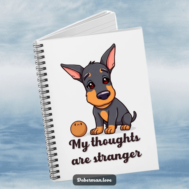 Funny Doberman notebook showing a dog tilting its head inquisitively, sniffing an object, perfect for capturing humorous thoughts.