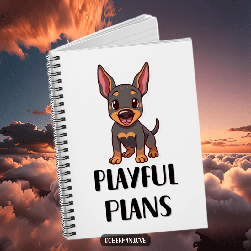 Funny notebook with a Doberman dog in a playful stance, ears perked and tail wagging. Ideal for journaling, note-taking, and dog enthusiasts.