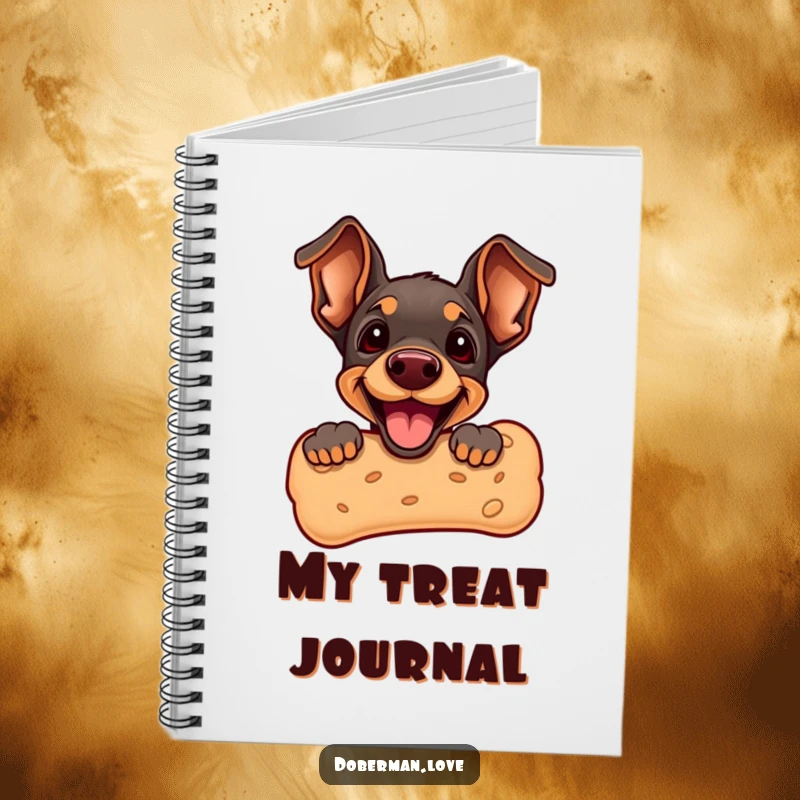 Funny Doberman Puppy Notebook with a cute puppy peeking from a giant dog biscuit. Ideal for writing, drawing, and organizing thoughts with a touch of puppy charm.