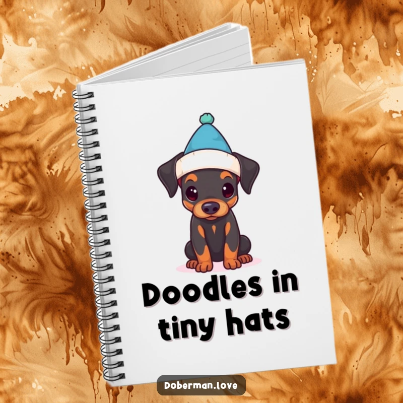 Funny notebook featuring a Doberman puppy adorably attempting to wear a tiny hat, perfect for jotting down funny thoughts.