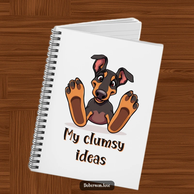 Funny Doberman dog tripping over large paws on a notebook cover, encouraging humorous writing and note-taking.