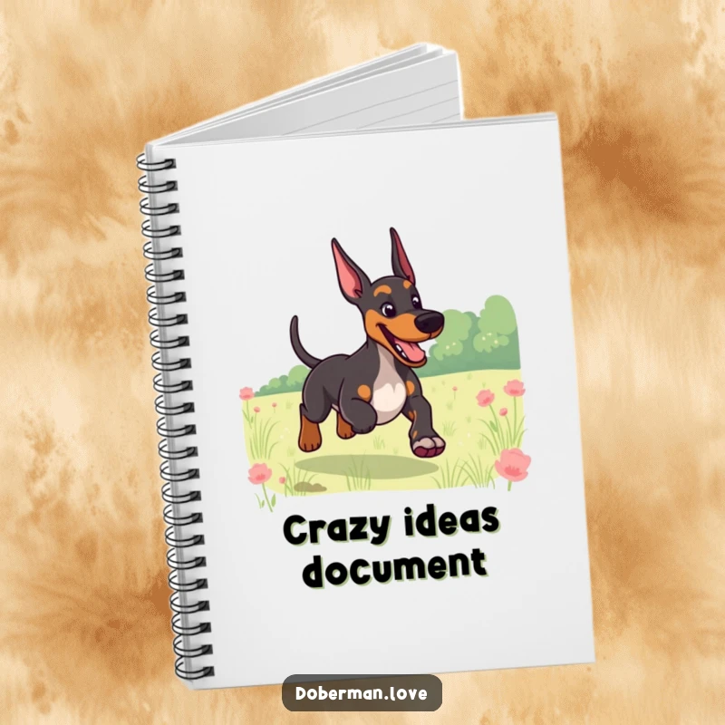 Funny notebook cover featuring a giggling Doberman with a wagging tail, running through a field, perfect for happy thoughts.