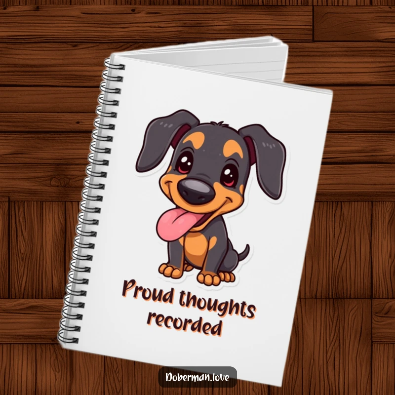 Funny joyful Doberman notebook featuring a happy panting dog in a proud stance, ideal for jotting notes with contentment and humor.
