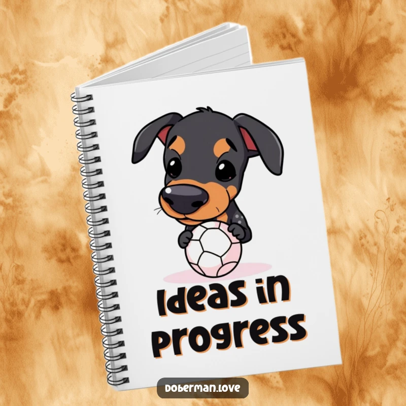 Funny Kawaii Doberman Notebook featuring a dog balancing a small ball on its snout, for humorous note-taking.