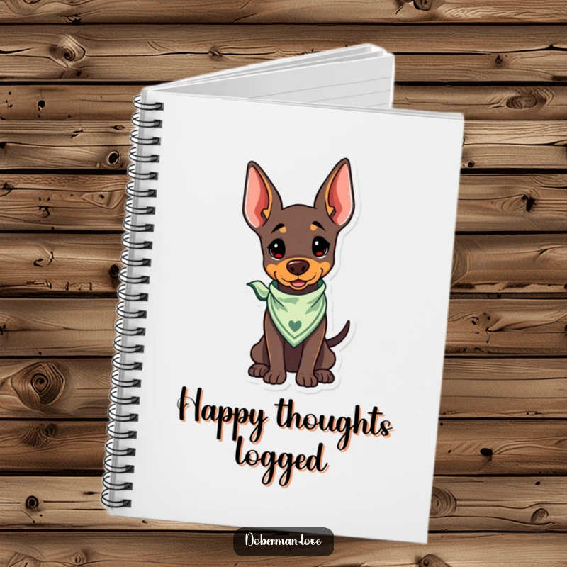Funny Kawaii Doberman Notebook with a bandana and wagging tail, for cheerful and humorous note-taking.