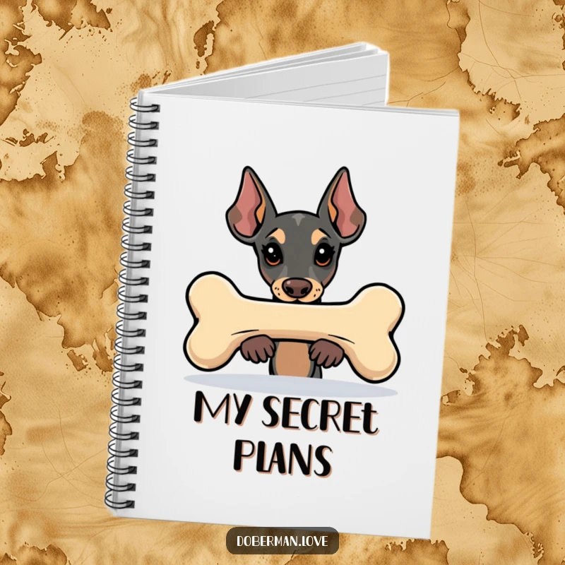 Funny Kawaii Doberman notebook with a dog peeking from behind a large bone, ideal for capturing ideas and doodles.