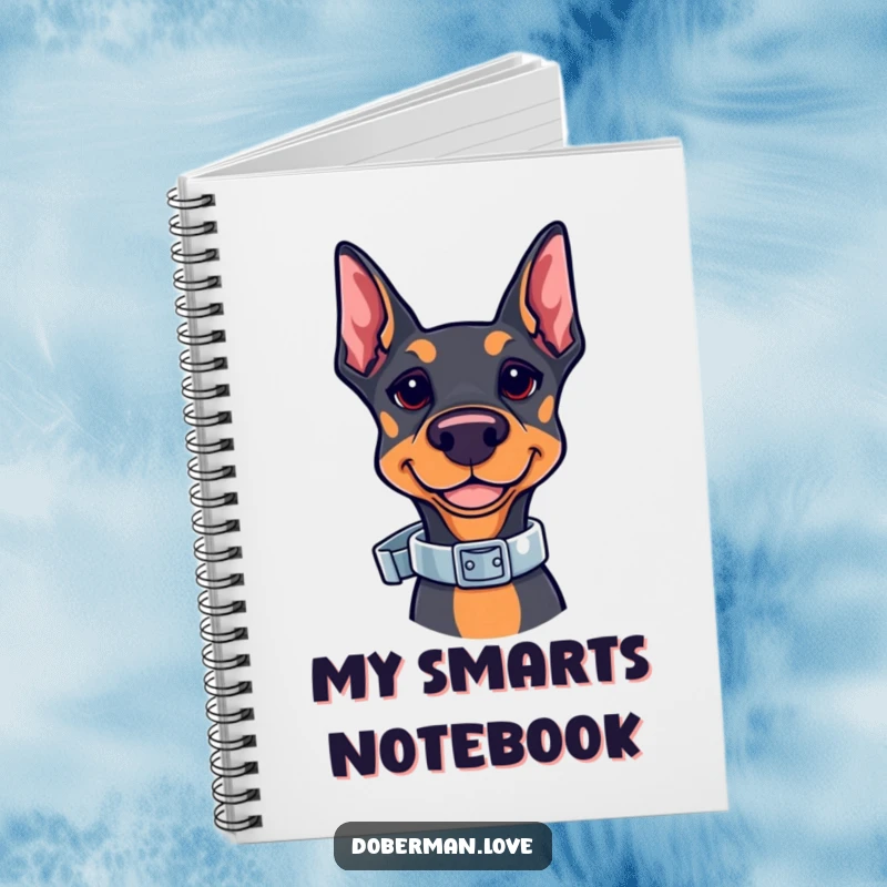 Funny Kawaii Doberman Notebook with a cute doberman balancing a shiny collar. Ideal for writing, planning, and organizing thoughts with a touch of canine intelligence.