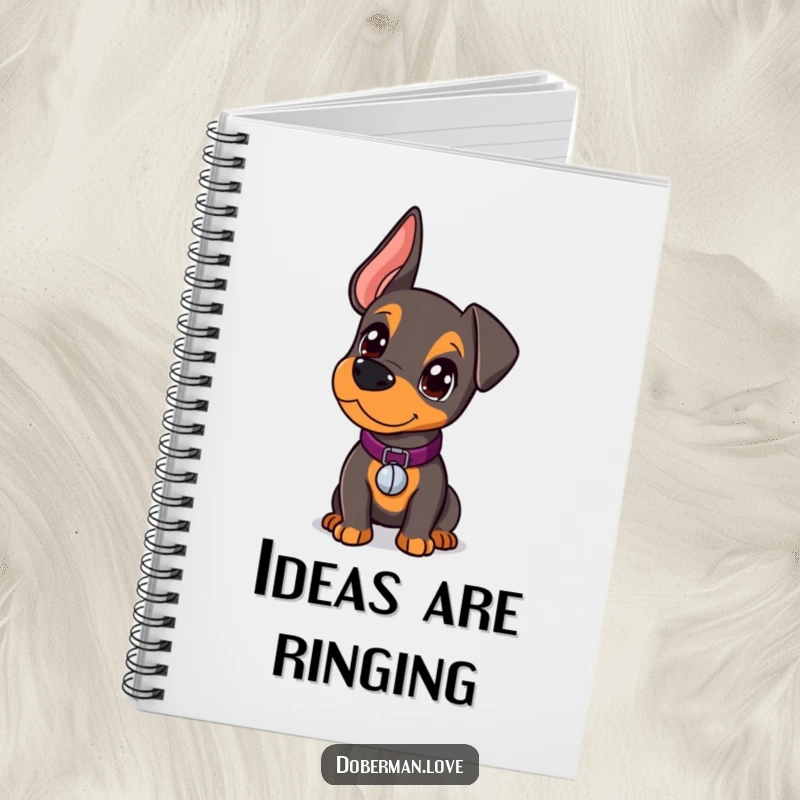 Funny Doberman Notebook showing a curious kawaii doberman puppy with a tiny bell collar, perfect for jotting down thoughts and ideas.
