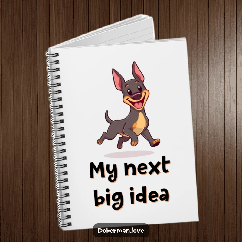 Funny Kawaii Doberman notebook with a happy dog, big grin, hilariously chasing its tail, ideal for notes and doodles.