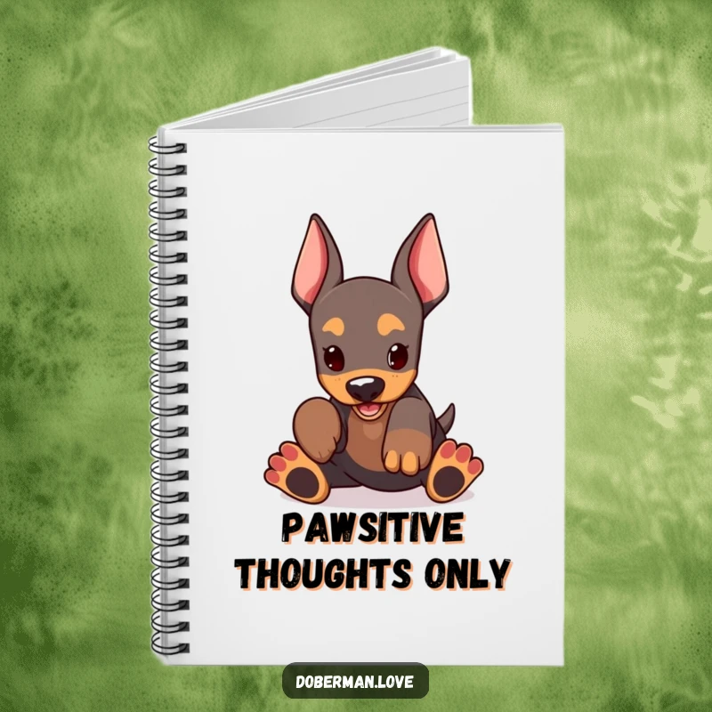 Funny Doberman Notebook showing a kawaii doberman puppy with oversized paws, enthusiastically playing, perfect for capturing notes and doodles.