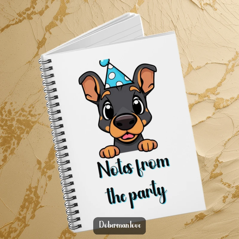 Funny Doberman Notebook: Cute kawaii dog with a party hat, looking surprised, perfect for jotting down ideas.