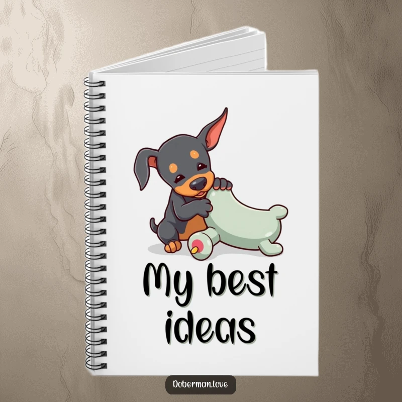 Funny Doberman notebook with a tiny dog playfully wrestling with an oversized toy chew on the cover, ideal for notes and doodles.