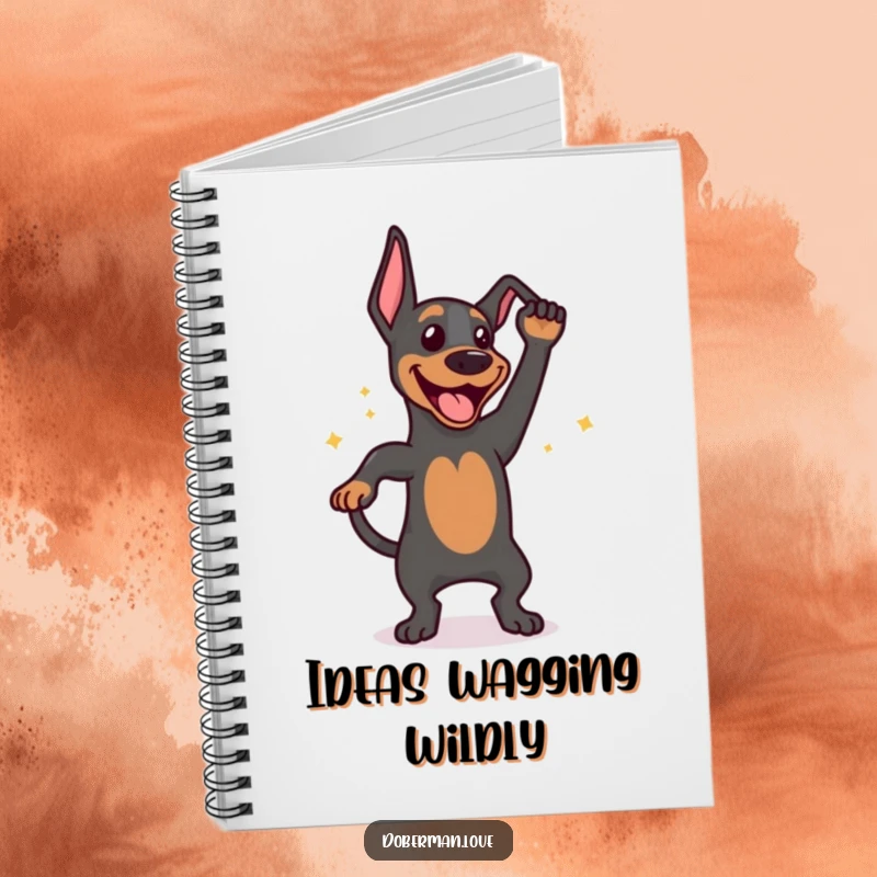 Funny notebook cover showing a happy Doberman doing an excited tail wag dance, designed to inspire cheerful thoughts and creativity.