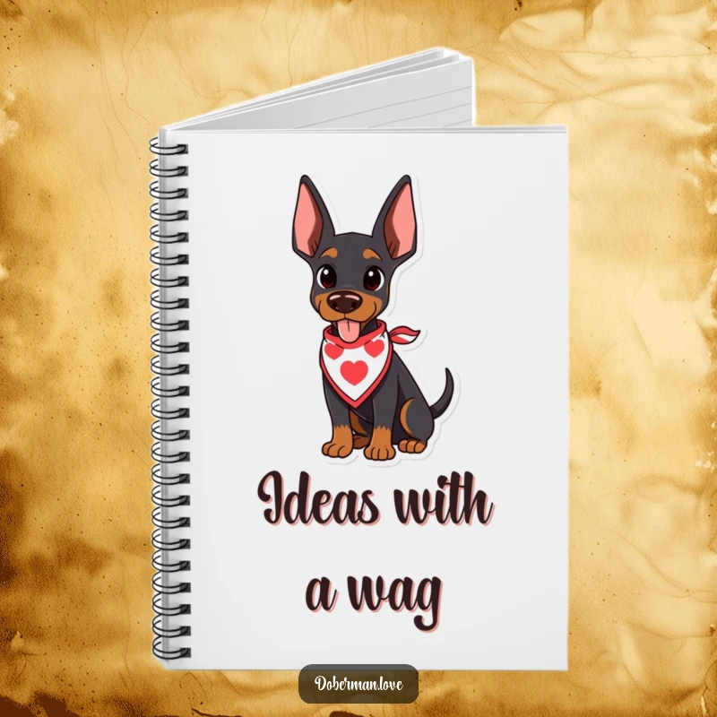 Funny Doberman Notebook showing a kawaii doberman puppy in a bandana, its tail wagging happily, perfect for notes.