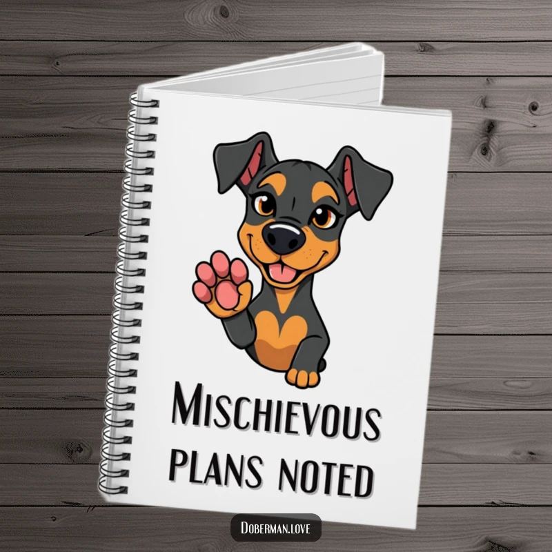 Funny notebook featuring a Doberman dog with a mischievous glint, offering its paw for a playful deal.