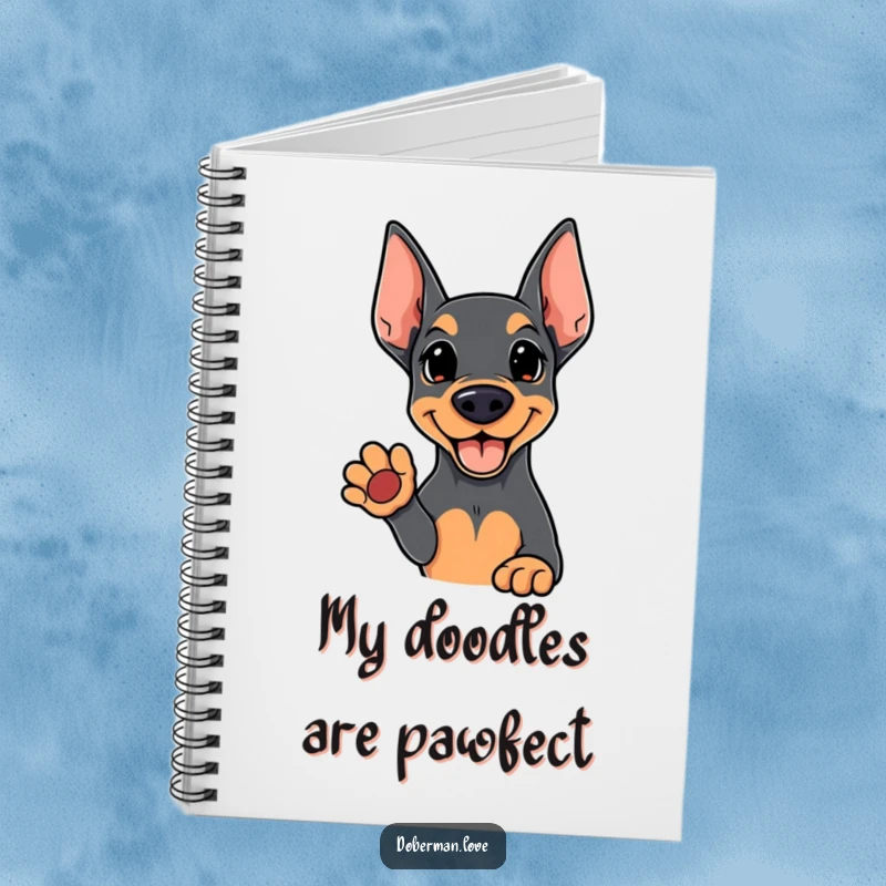 Funny Kawaii Doberman notebook with a cute dog offering a paw on the cover, perfect for note-taking and journaling.
