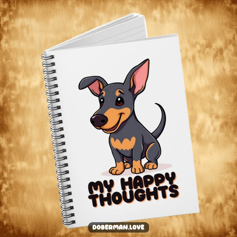 Funny Notebook with an enthusiastic Doberman wagging its tail and smiling, ideal for jotting down notes and happy thoughts.