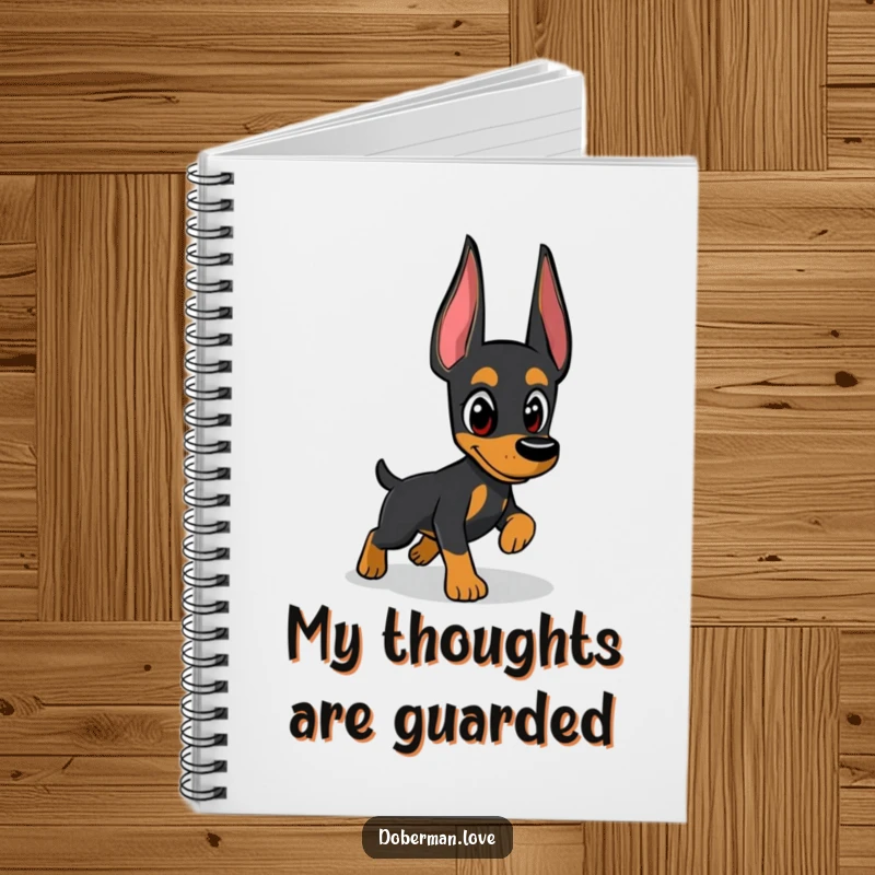 Funny Doberman notebook with a vigilant dog character poised to catch a shadow, perfect for jotting down ideas with a humorous touch.