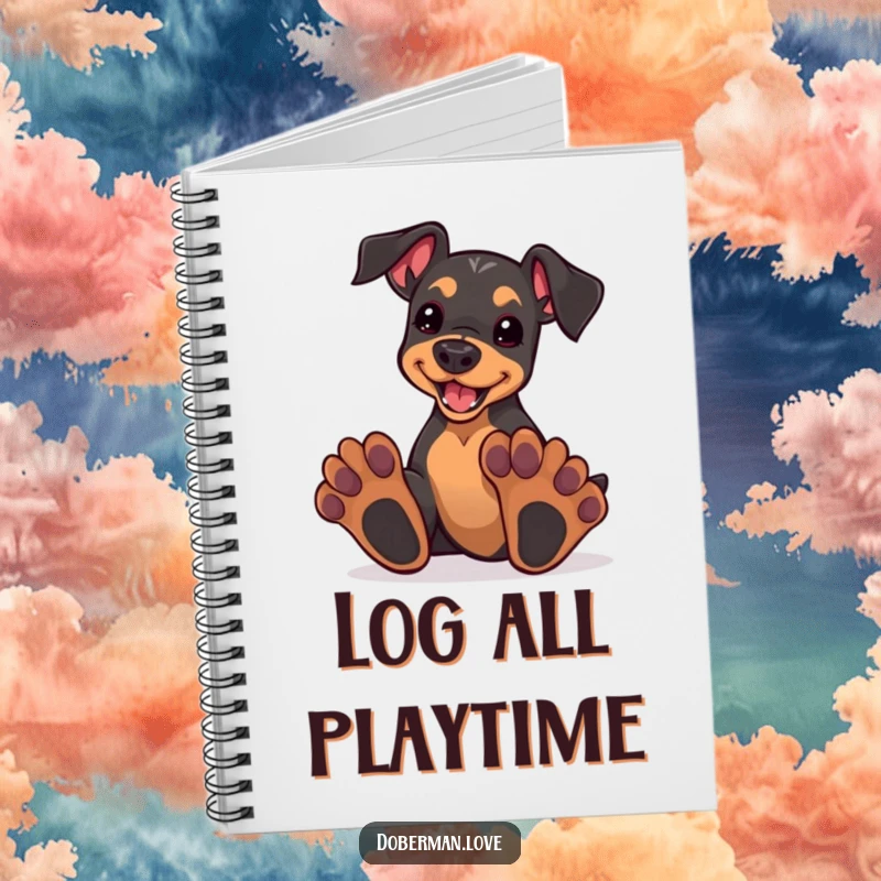 Funny kawaii doberman puppy with oversized paws, enthusiastically playing, on the cover of a lined notebook.
