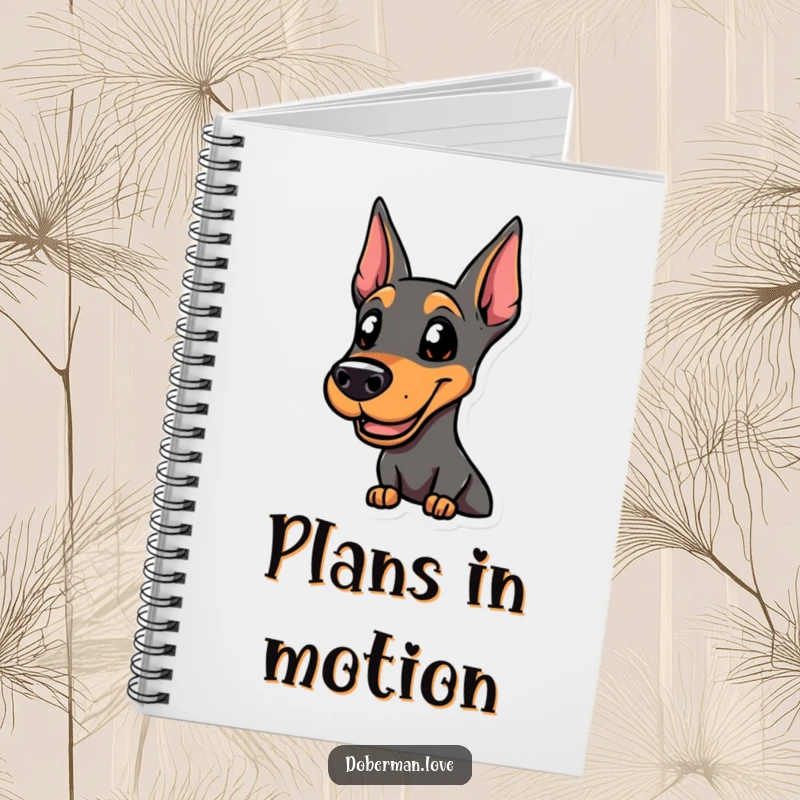 Funny smiling Doberman notebook, alert and ready for action, ideal for organizing thoughts with a humorous edge.