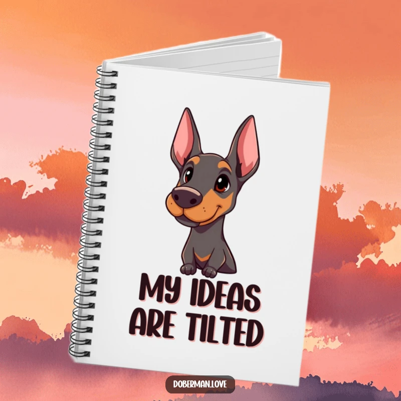 Funny Doberman notebook featuring a proud dog with an attentive head tilt on the cover, ideal for note-taking.