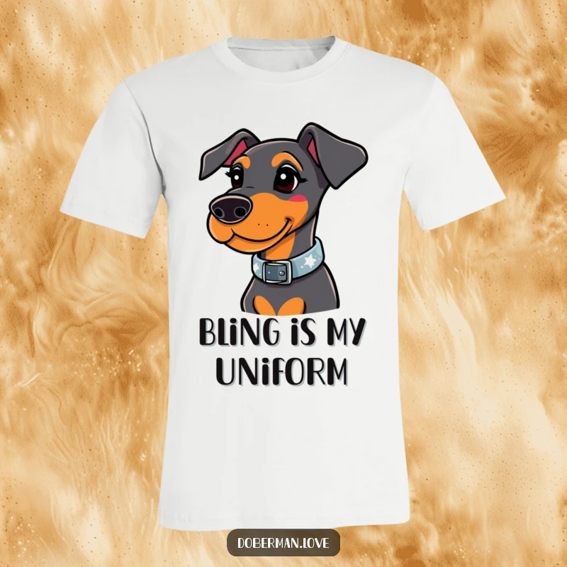 Funny doberman t-shirt showing a whimsical dog adorned with a brilliantly sparkling, stylish collar, radiating fashionable charm.