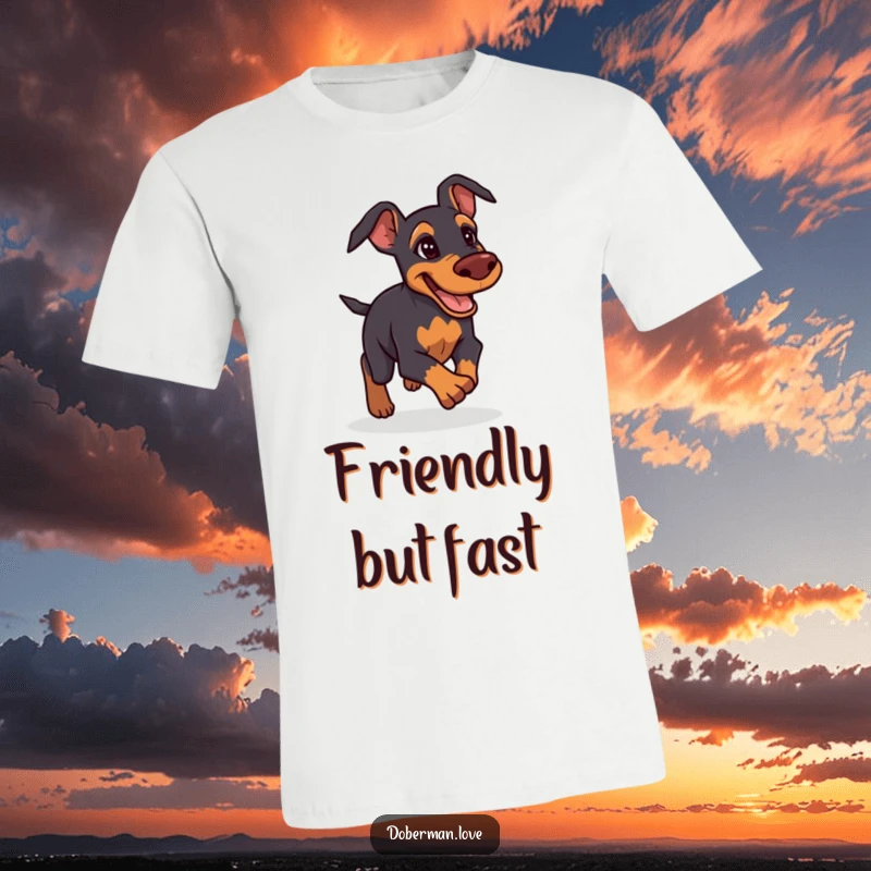 Funny Doberman T-Shirt: Determined and friendly Doberman giving chase, humorous and motivational canine graphic.