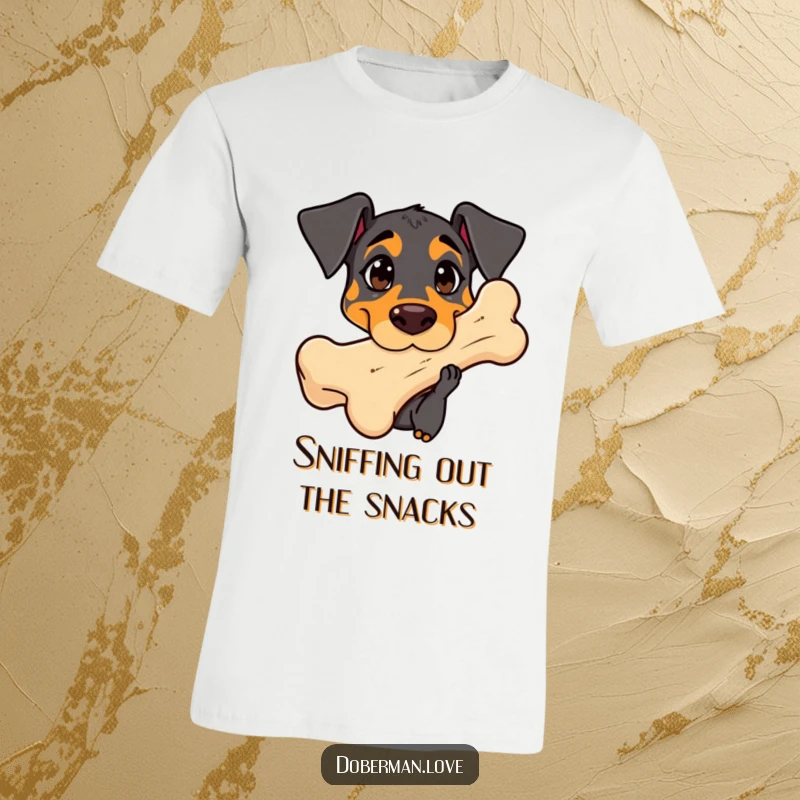 Funny Doberman T-Shirt: Adorable kawaii dog with curious eyes sniffing a giant bone, illustrating playful investigation.