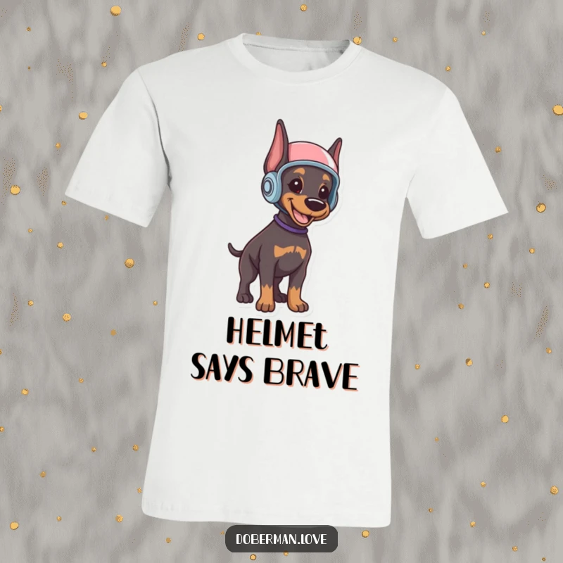 Funny Doberman puppy t-shirt featuring a smiling puppy securely wearing a tiny helmet, standing alertly with an air of adorable readiness.
