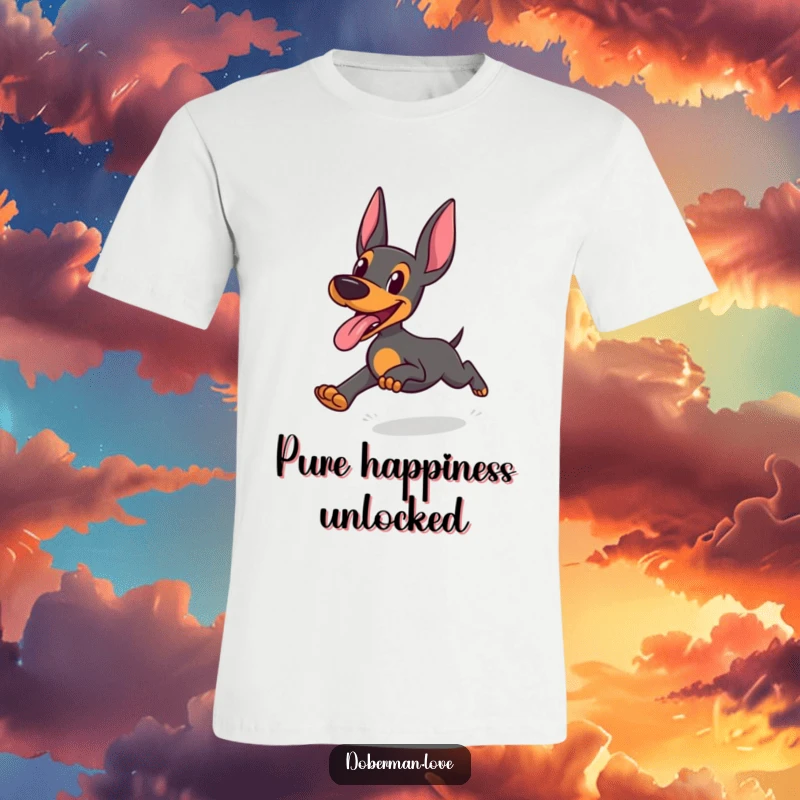 Funny Doberman T-Shirt: Doberman running with tongue out in joyful abandon, humorous and carefree canine graphic.