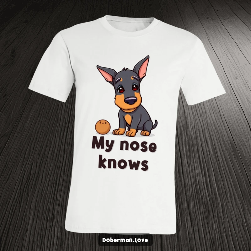 Funny Doberman t-shirt showing a dog tilting its head inquisitively while sniffing an odd, mysterious object with a humorous expression.