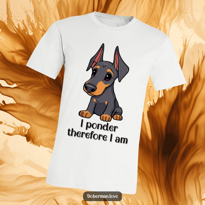 Funny Doberman T-Shirt: Sleek dog with alert ears, looking thoughtfully curious, a humorous and intelligent canine graphic tee.