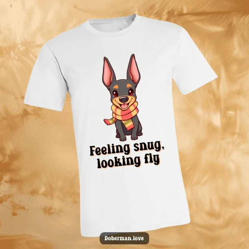 Funny Doberman T-Shirt: Adorable kawaii dog wearing a tiny scarf, looking incredibly happy and stylish.