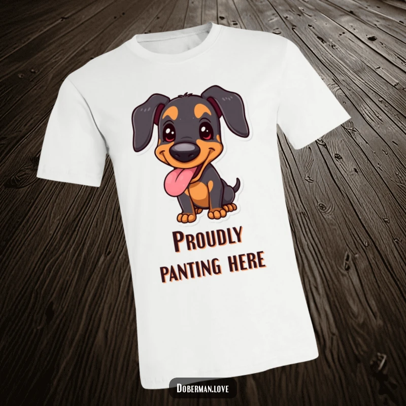 Funny joyful Doberman t-shirt featuring a dog panting happily with a proud stance, conveying happiness and humorous pride.