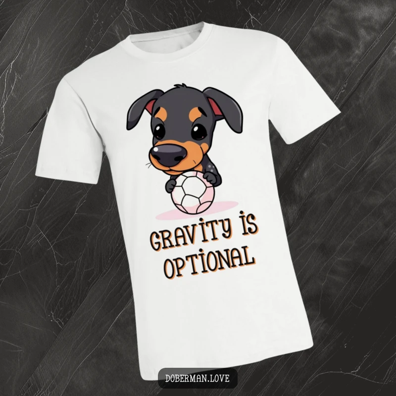 Funny Kawaii Doberman T-Shirt depicting a dog attempting to balance a ball on its snout, humorous artwork.
