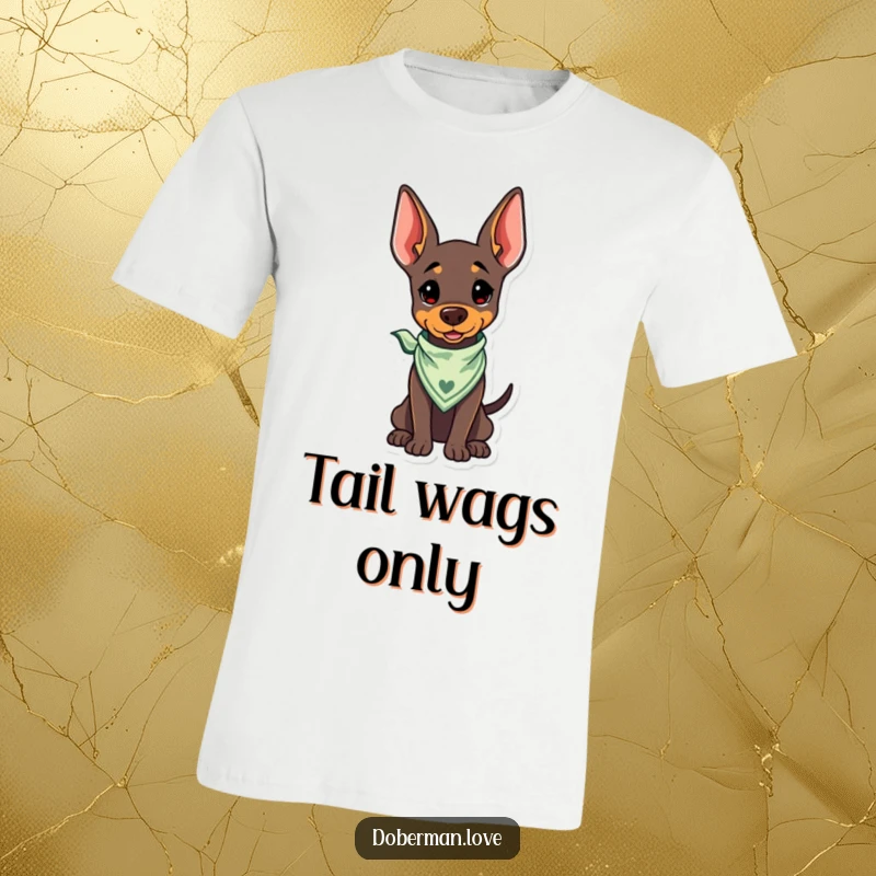 Funny Kawaii Doberman T-Shirt with a bandana, showing a wagging tail, a cheerful and humorous item.