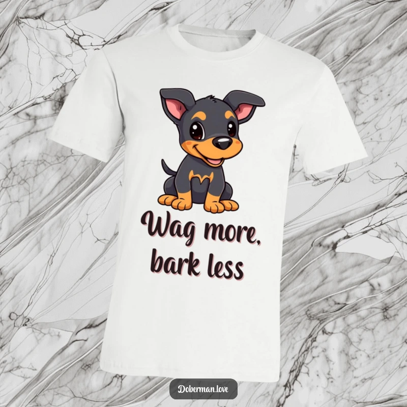 Funny Kawaii Doberman Puppy T-Shirt: A Doberman puppy with alert ears and a wagging tail, perfect funny gift.
